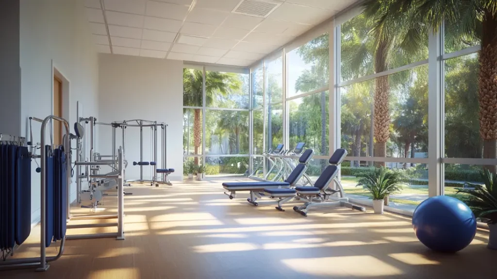 Modern Orlando physical therapy facility with state-of-the-art equipment and natural lighting, showing palm trees through floor-to-ceiling windows for personal injury recovery