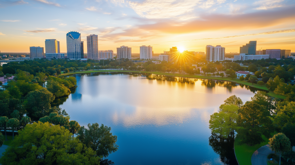 Orlando skyline aerial view of lake in downtown orlando