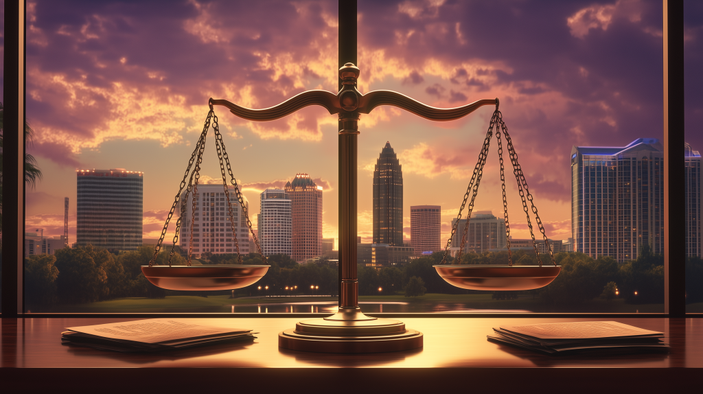 central florida serious injury lawyer conference room with scales of justice