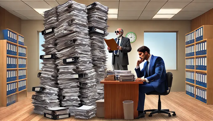 Lawyer negotiating surrounded by stacks of files.