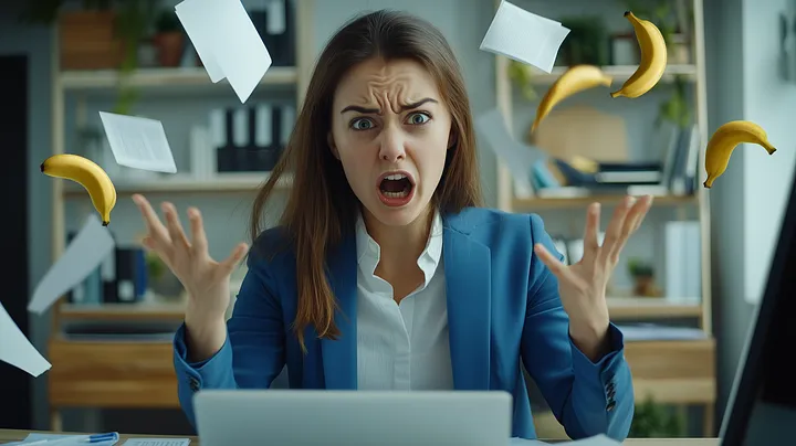 Frustrated woman with papers flying around her desk