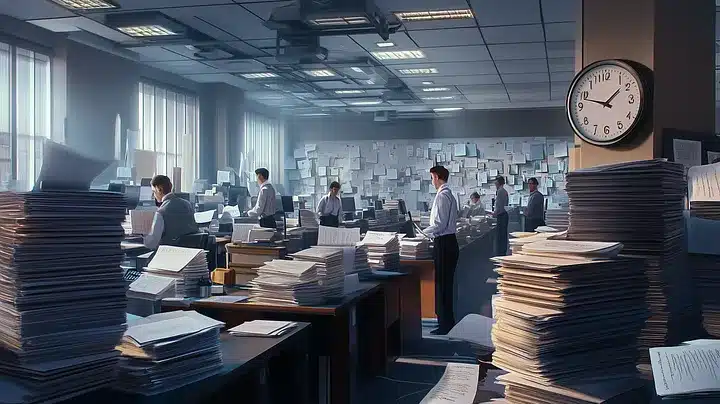 Office filled with stacks of legal paperwork