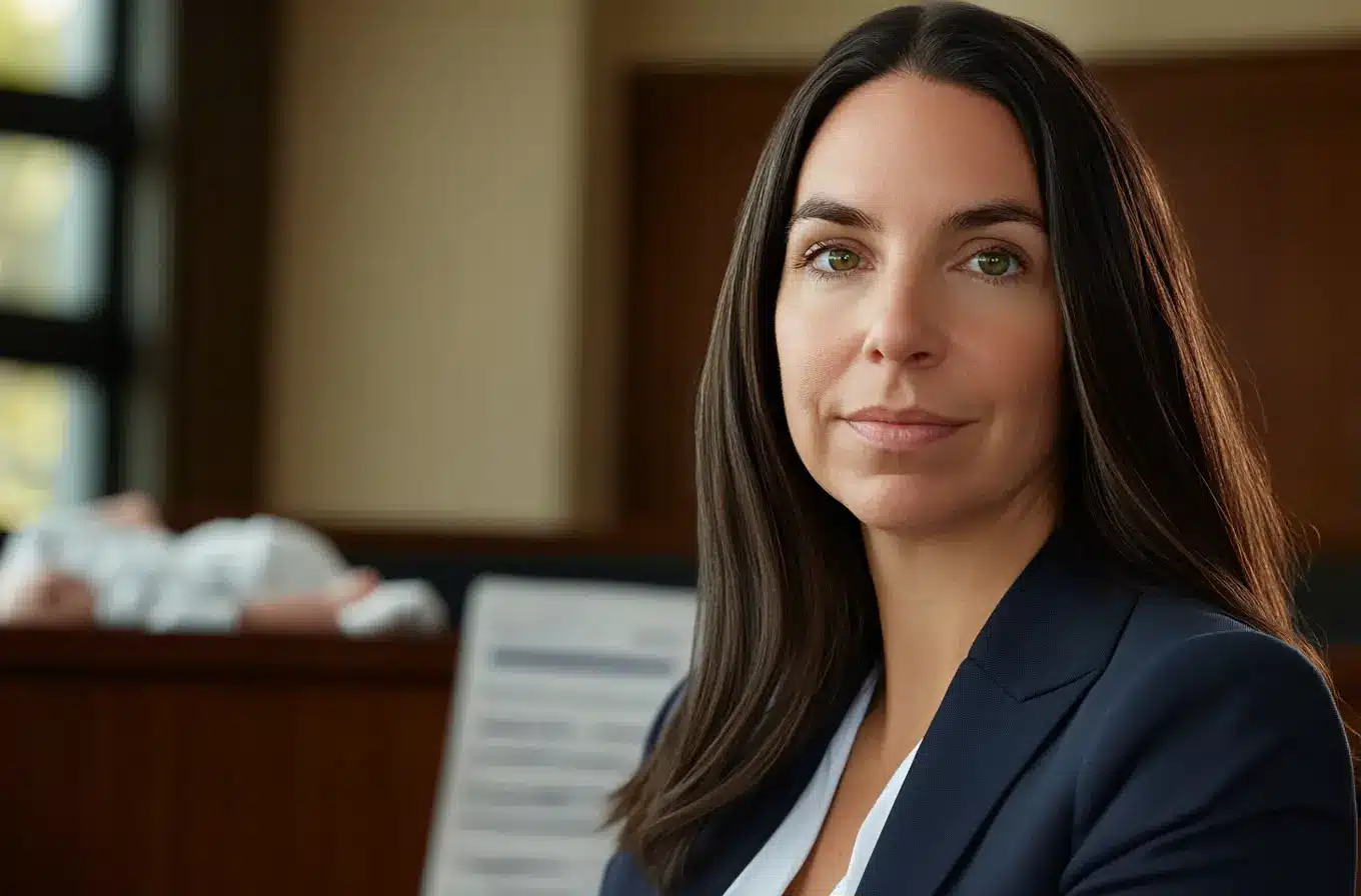 florida birth injury lawyer in court with newborn in background