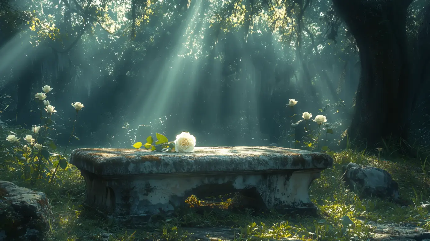 Orlando wrongful death lawyer memorial garden shows white rose on stone bench in Orlando garden, trying to give hope and peaceful feeling to Florida families seeking justice after losing loved ones | Tina Willis Law Injury Accident