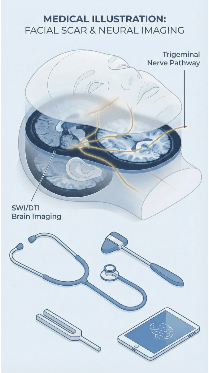 semi-truck lawyer reviewing SWI/DTI brain imaging scans and trigeminal nerve pathway with stethoscope and neurologist tools