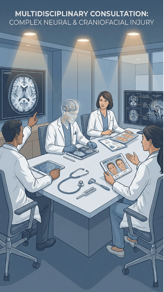 lawyer consultation with medical specialists reviewing brain imaging and injury documentation for case evaluation