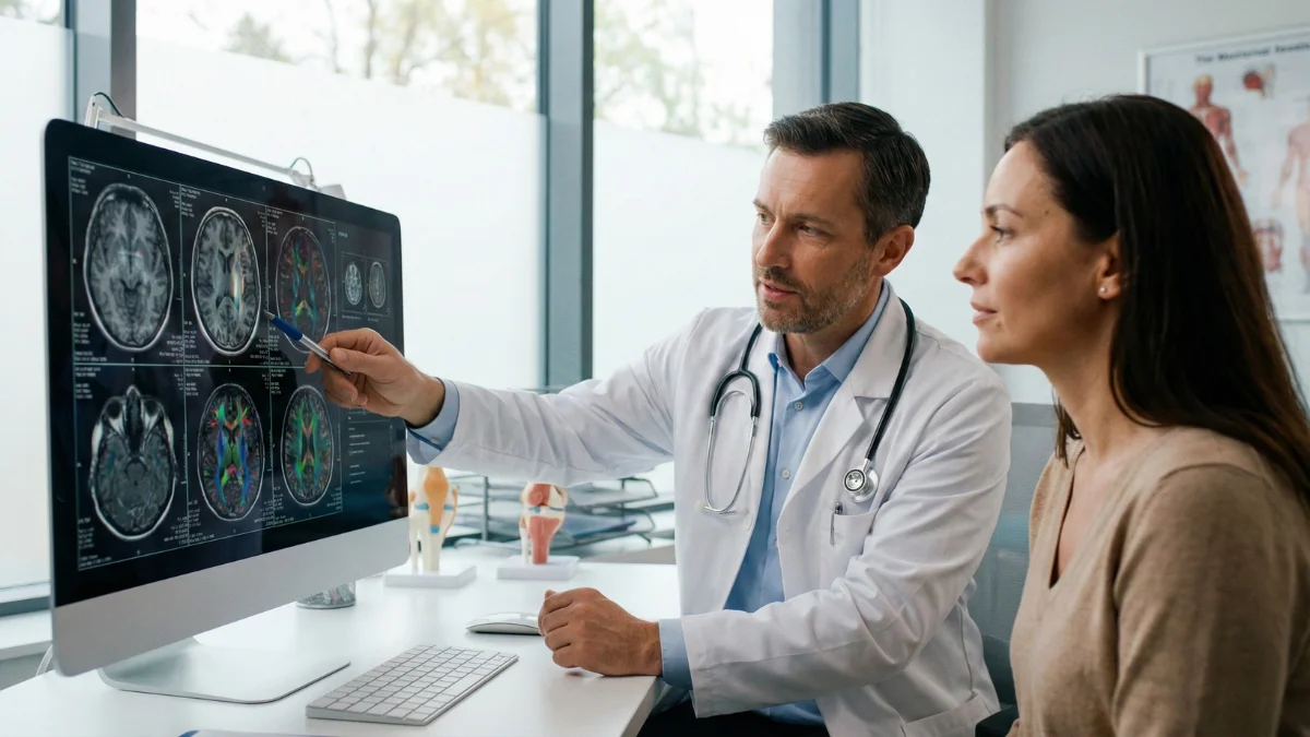 neurologist specialist reviewing advanced brain imaging scans with accident injury patient for comprehensive brain injury evaluation and documentation
