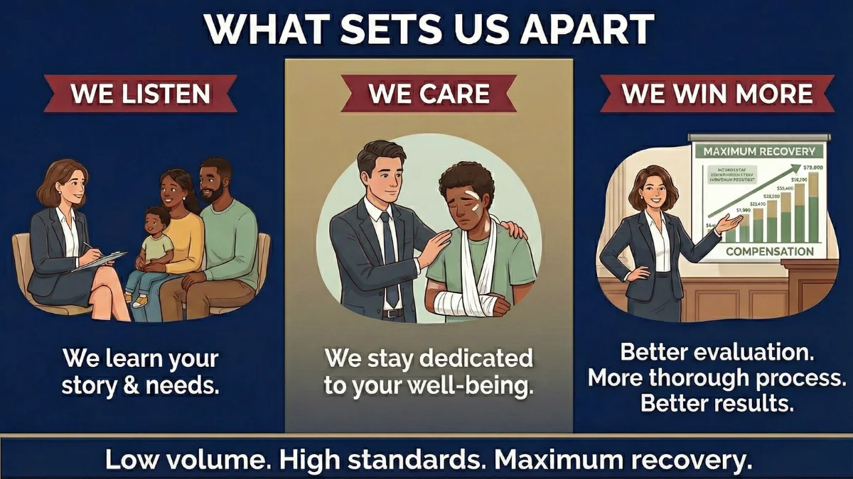 Orlando personal injury lawyer, car accident attorney, semi-truck accident and medical malpractice lawyer infographic showing what sets Tina Willis Law apart: we listen to your story, we care about your well-being, we win more with better evaluation, thorough process, and better results