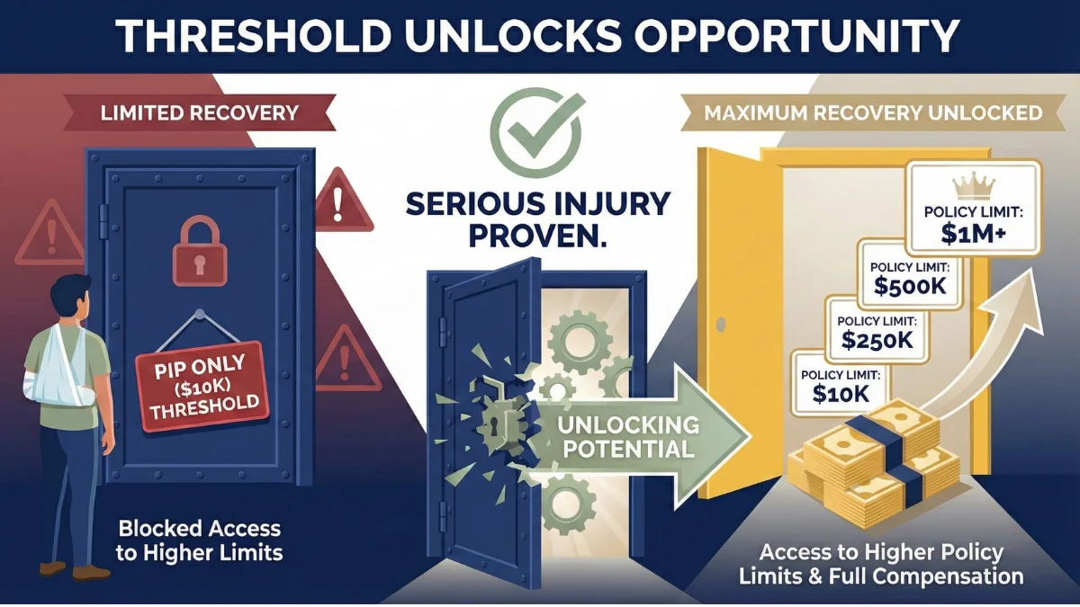 infographic showing how proving serious injury threshold unlocks access to higher insurance policy limits ranging from $10K to $1M for auto accident settlement by Orlando car accident lawyer