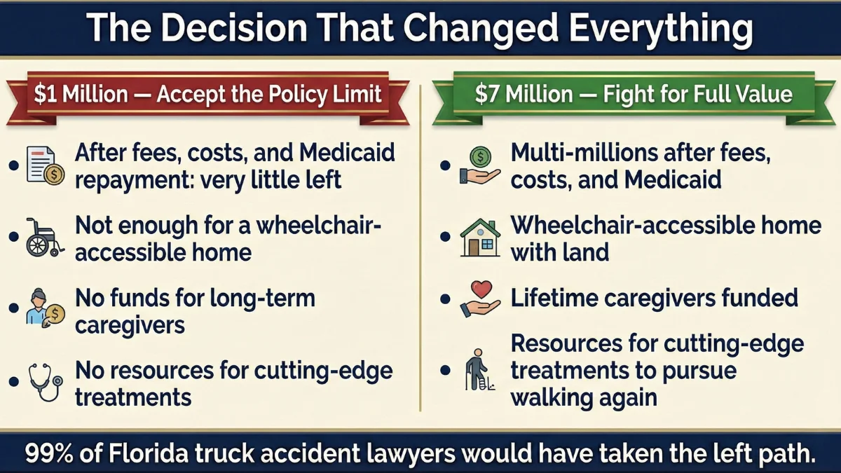 Seven million dollar settlement for tractor trailer accident -- decision infographic showing difference between 1 million & 7 million options.
