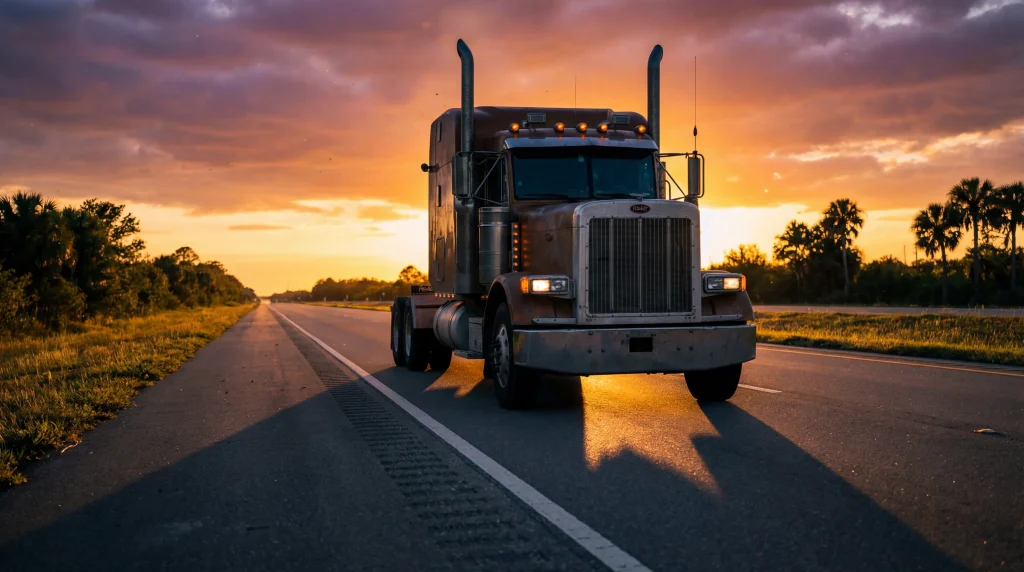 Semi-truck on a Florida highway at sunset — Orlando truck accident lawyer Tina Willis recovered a $7 million settlement after a catastrophic tractor-trailer collision
