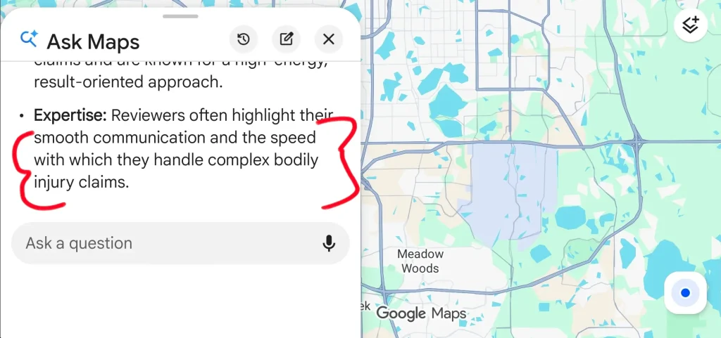 ask maps ai generated summary orlando car accident lawyer competitor review speed complex bodily injury claims