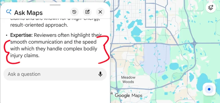 ask maps ai generated summary orlando car accident lawyer competitor review speed complex bodily injury claims