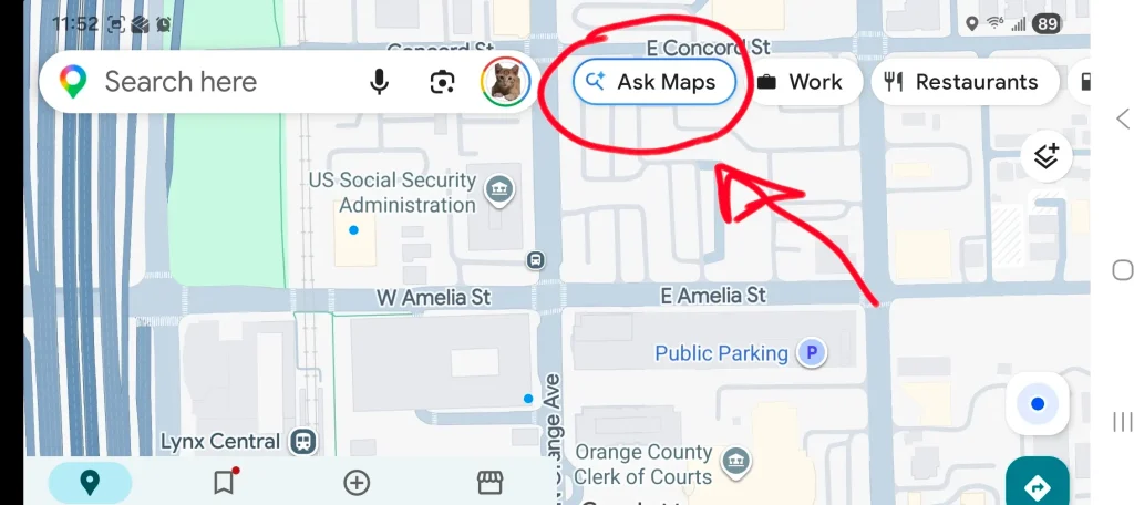 google maps ask maps ai feature button orlando mobile