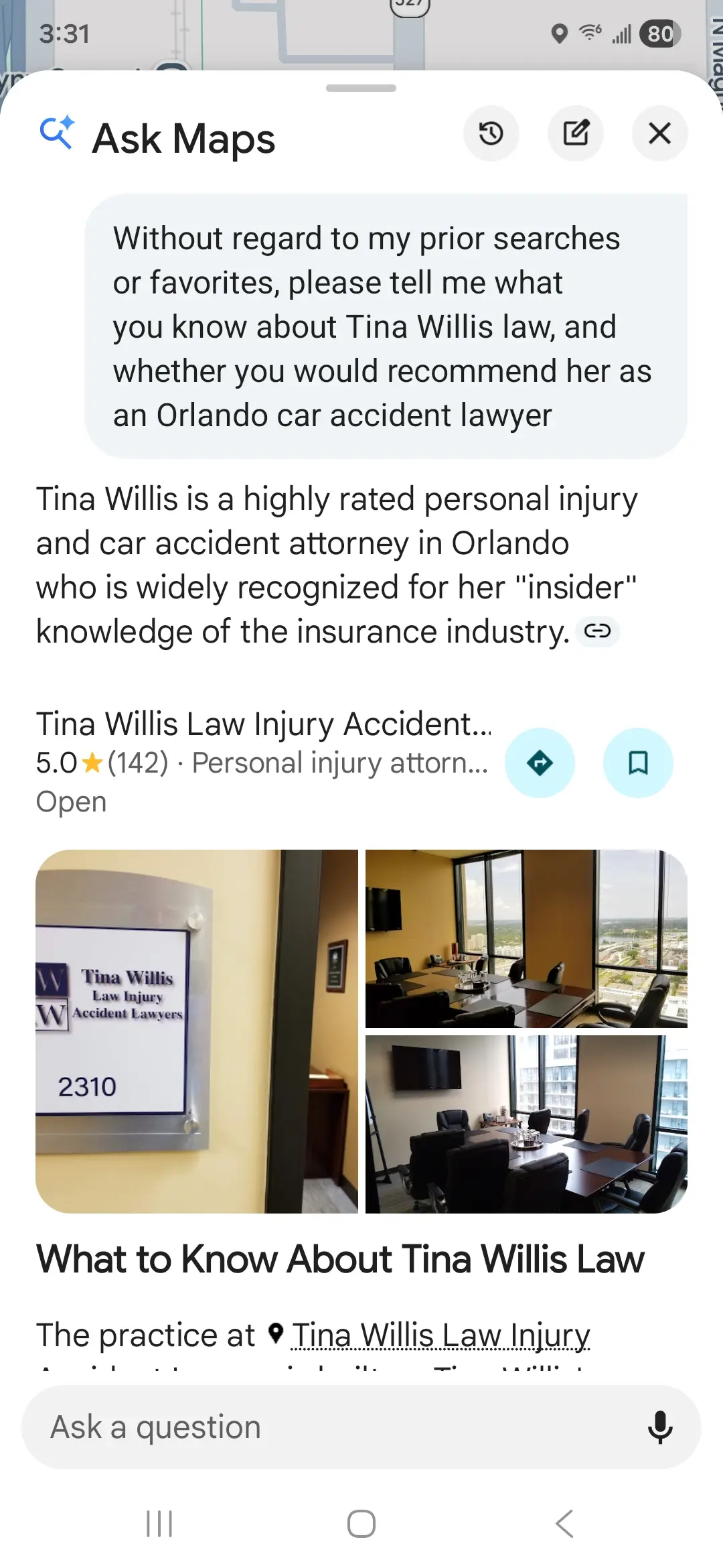 orlando car accident lawyer tina willis law ask maps ai summary highly rated personal injury attorney orlando florida
