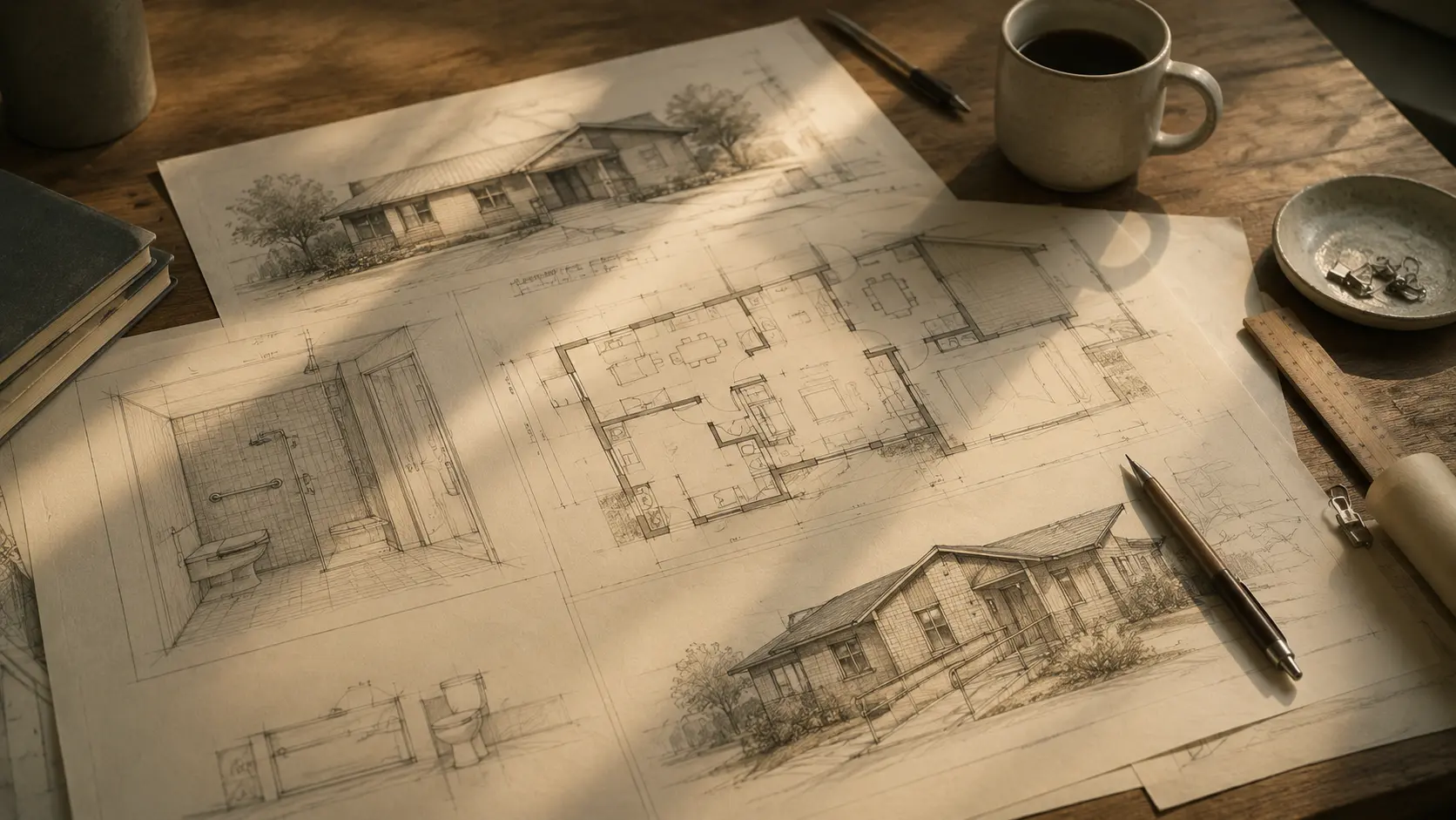 Architectural drawings for an accessible single-story home spread on a wooden desk with drafting tools and coffee cup, representing post-settlement planning for a catastrophically injured semi-truck accident client.