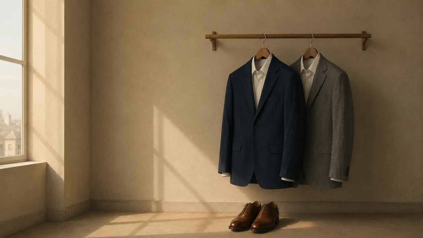 Two men's suits hanging on a wooden rod with dress shoes below in soft morning light, representing trial preparation for a semi-truck accident client.